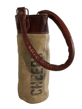 Mona B Canvas “CHEERS” Wine Bottle Tote with Brown Leather Handle